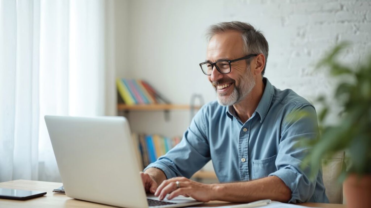 Man smiling at his personal computer