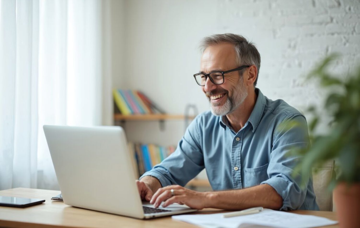 A senior man sat smiling at his laptop