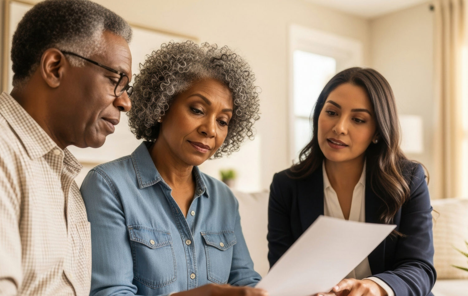 A couple looking over forms with an a female adviser